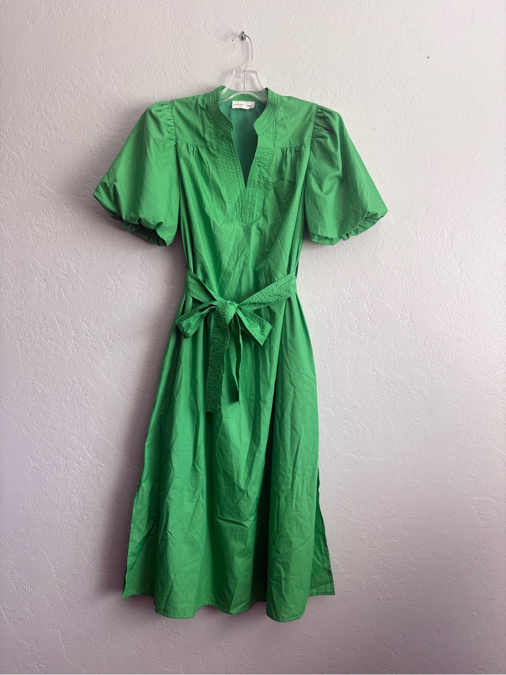 ❤️ NEW entro Bright Green Puff-Sleeve Midi Dress with Waist Tie